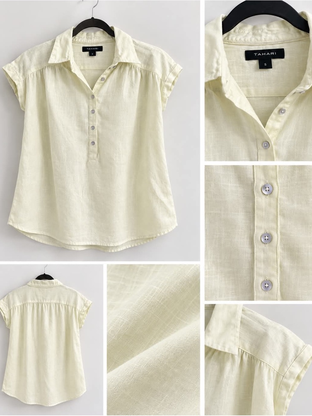 Tahari Light Cream Short Sleeve Linen Button-Front Shirt